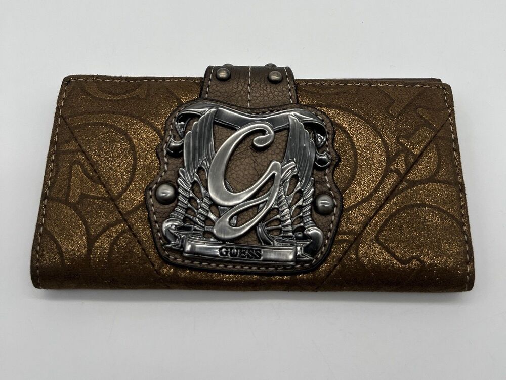 Y2k 00s Guess Studded Wallet  brown, metallic Monogram Big G
